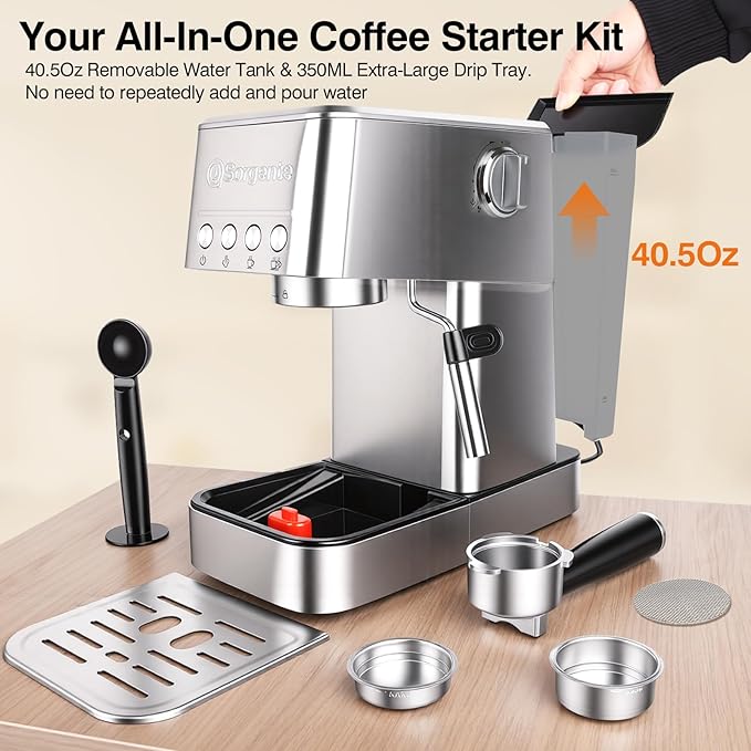 Sorgente Espresso Machine 20 Bar Stainless Steel Coffee Maker with Milk Frother 1350W with Fast-Heating System Innovative Coffee Grounds Filter Espresso Machines for Home Barista
