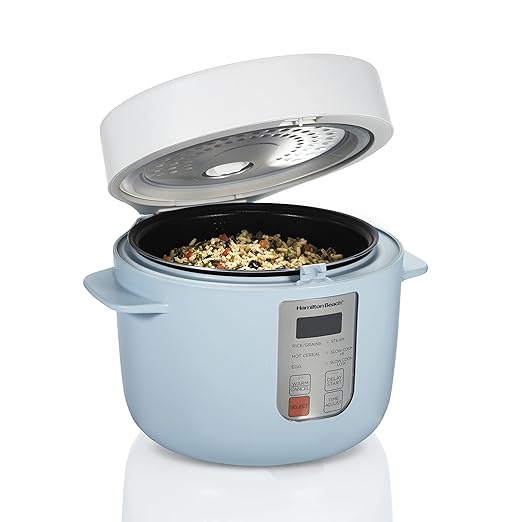 Hamilton Beach Digital Programmable Rice Cooker &amp Food Steamer12 Cups Cooked (6 Uncooked) with Slow Cook &amp Hard-Boiled Egg Functions Steam &amp Rinse Basket Blue (37561)