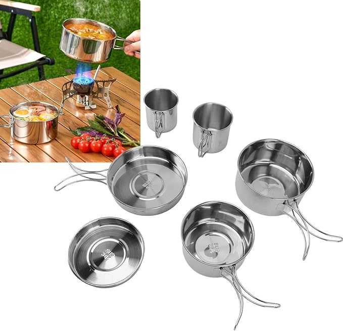Pilipane Portable Cookware Set Stainless Steel Multifunctional Efficient Heating Lightweight Easy to Clean for Camping Hiking Outdoor Activities 6PCS Set