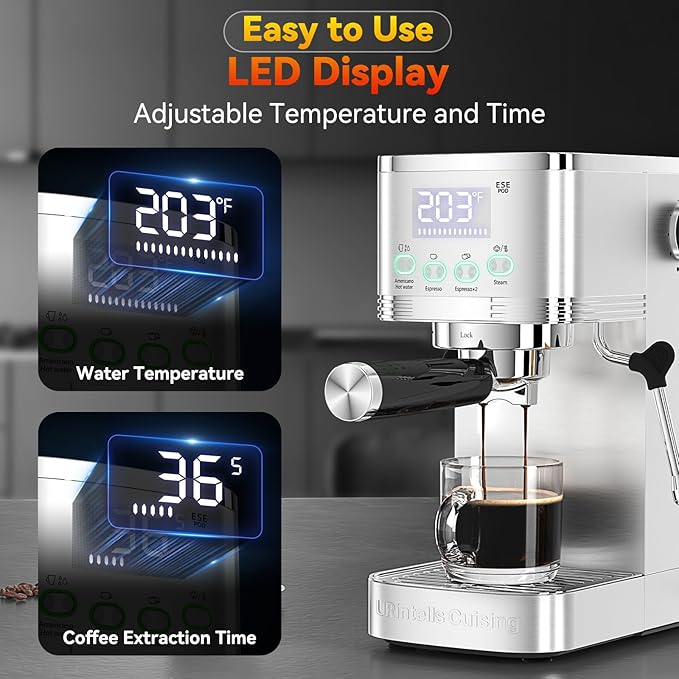 Espresso Machine 20 Bar Stainless Steel Espresso Maker with Steam Milk FrotherExpresso Machine for Home Temperature Control and LED Display Coffee Machine for Cappuccino Latte Americano