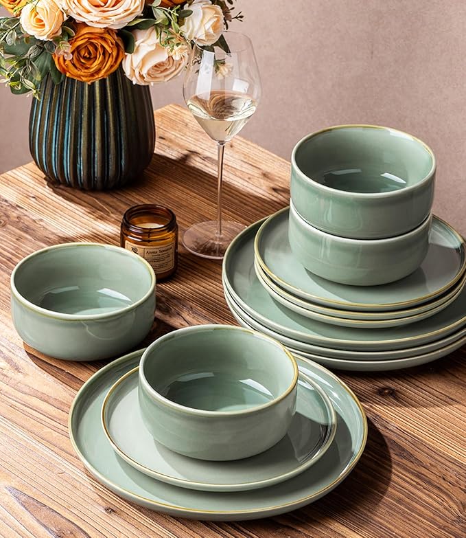 TheTerra Ceramic Dinnerware Sets for 4 12 Pieces Handmade Reactive Glaze Plates and Bowls Set Scratch Resistant Dish Set Oven &amp Microwave &amp Dishwasher Safe Eucalyptus