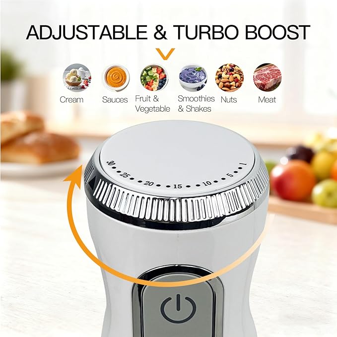 MEGAWISE 5-in-1 Immersion Hand Blender 1100W Powerful Stick Blender with Whisk Chopper Milk Frother &amp Beaker Variable Speed &amp Turbo Stainless Steel Blades for Smoothies &amp Baby Food (W