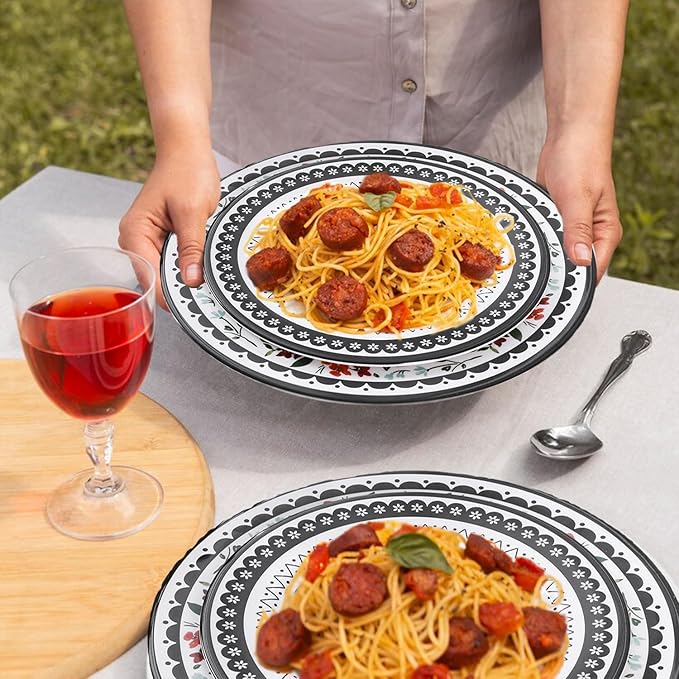 12-Piece Melamine Dinnerware Sets Unbreakable Dinner Dishes Set for Indoor and Outdoor Use Dishwasher Safe Lightweight Dinner Service for 4 Black and White