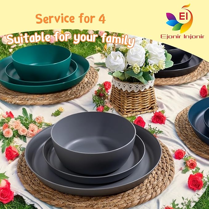EI 12pcs Wheat Straw PlatesPlastic Plates ReusableUnbreakable Plastic PlateWheat Straw Dinnerware SetMelamine Plate-BlackDark GreyDark GreenDark BlueDinner CampingPicnic