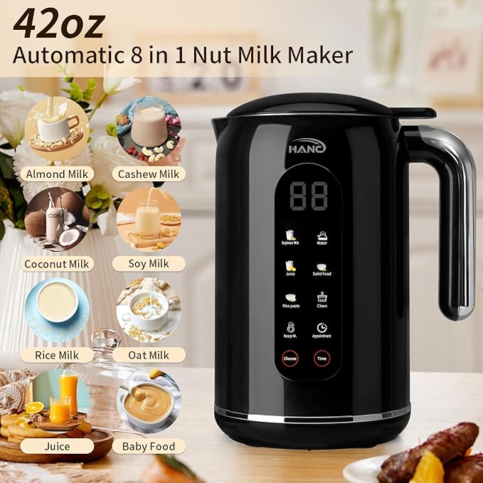 Nut Milk Maker Machine 42oz 8 in 1 Silent Automatic Nut Milk Machine Homemade Soy Milk Oat Puree Almond Milk Maker with Delay Start/Keep Warm/Boil Water/Self-Cleaning Black