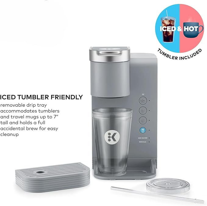 K-Iced Essentials Coffee Maker Single-Serve KCup Pod Brewer with Removable Reservoir and Auto-Off Energy Efficient Includes K Iced Tumbler Compact Arctic Gray
