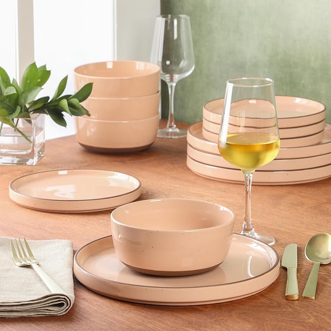 Gibson Elite Northrock Stoneware Dinnerware Set 12-Piece Service for 4 Plates and Bowls Set – Pink Dishes with Hand-Painted Terracotta Base
