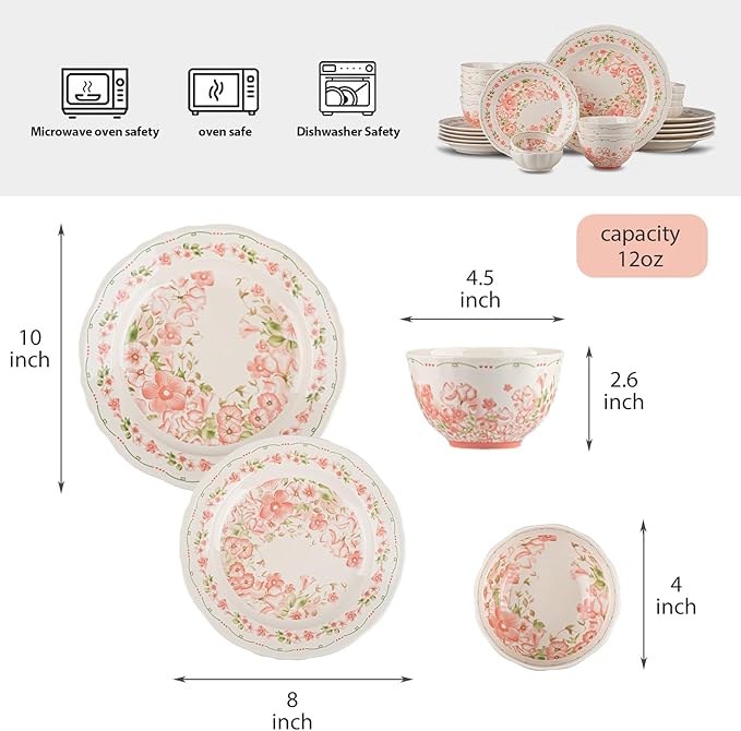 24 Piece Dinnerware Sets for 6 Scratch Resistantmicrowave oven and Dishwasher Safe Plates and Bowls Sets Ceramic Dish Set Bowl and Plate Set -Pink peach blossom pattern