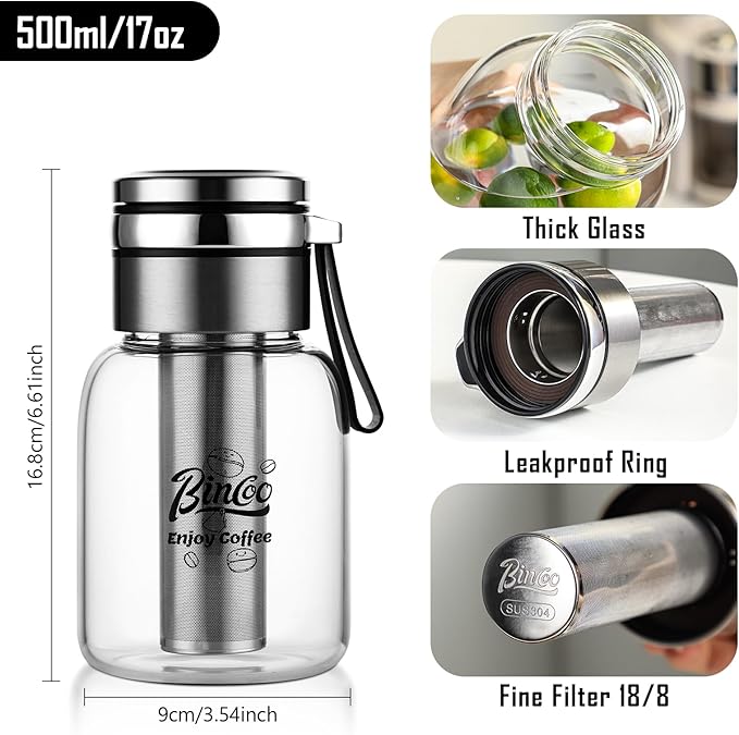 Bincoo Tea Infuser Bottle Glass Cold Brew Coffee Maker with Extended Long Filter – Premium Durable Easy-to-Clean Glass Bottle Stainless Steel Filter for Smooth Coffee &amp Tea (17oz / 500ml)