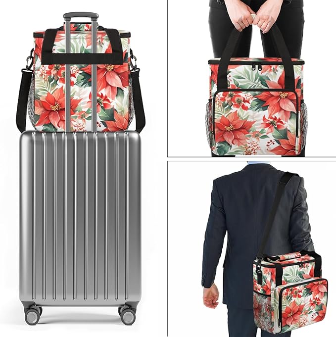 Christmas Flowers Coffee Maker Carrying Bag Oil Painting Flowers Travel Storage Bag Compatible with K-Mini or K-Mini Plus Single Serve Coffee Brewer Carrying Case with Pockets &amp Shoulder Strap