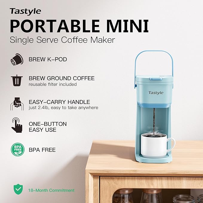 Single Serve One Cup Coffee Maker for K Cups and Grounds Mini Coffee Maker with Portable Handle 6 to 12 Oz Brew Size for Travel Camping Office RV and Dorm 120V Aqua