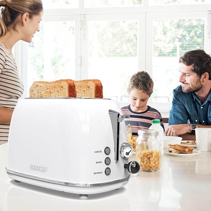 Toaster 2 sliceRetro Stainless Steel Toaster with 6 Settings 1.5 In Extra Wide Slots Bagel/Defrost/Cancel Function Removable Crumb Tray (White)
