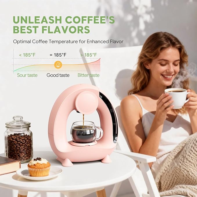 BENFUCHEN Pod and Grounds Single-Serve Coffee Maker 2 in 1 One Cup Coffee Machine Compatible with K-Cup Pod &amp Coffee Grounds/Tea Compact Design 4-8oz Pink