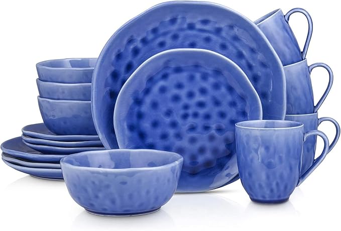 Stone Lain Constance Porcelain16 Piece Dinnerware Set Home Kitchen Dish Set with Dinner Plates Salad Plates Bowls &amp Mugs - Service for 4 Blue