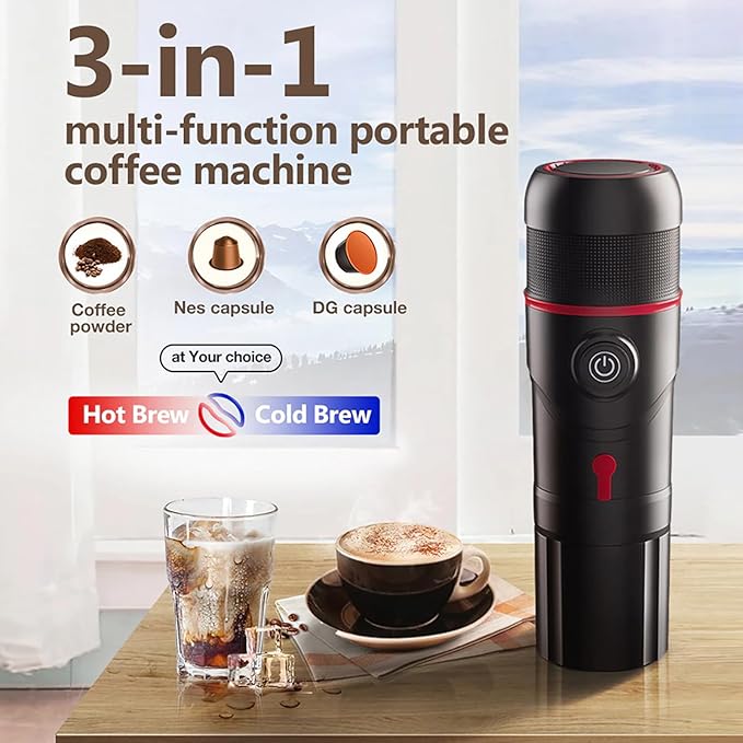Portable Electric Espresso Machine Car Mini Coffee Maker with Heating Function 15 Bar Extraction Compatible with NS/DG Pods &amp Ground Coffee for Hiking Camping Travel RV Fishing