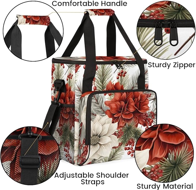 Christmas Flowers Coffee Maker Carrying Bag Glowing Flowers Travel Storage Bag Compatible with K-Mini or K-Mini Plus Single Serve Coffee Brewer Carrying Case with Multiple Pockets &amp Shoulder Str