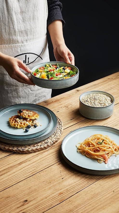 Famiware Star Dinnerware Set with Plates and Bowls Service for 4 (16-Piece) Stoneware Kitchen Dishes Dinner Sets - Smoky Blue