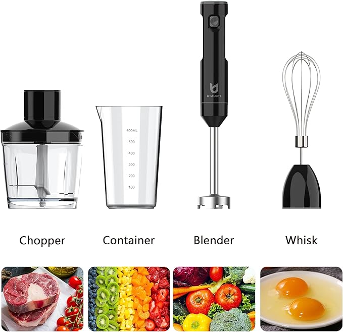 Cordless Hand Blender UTALENT Variable Speed Immersion Blender Rechargeable with 500ml Chopper 600ml container Egg Whisk for Smoothies Baby Food and Soups – Black