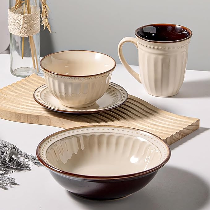Vintage Ceramic Dinnerware Sets for 4 Farmhouse Style 20-Piece Plates and Mugs Beige Brown Rustic Embossed Stripe Design Dishwasher Microwave Safe