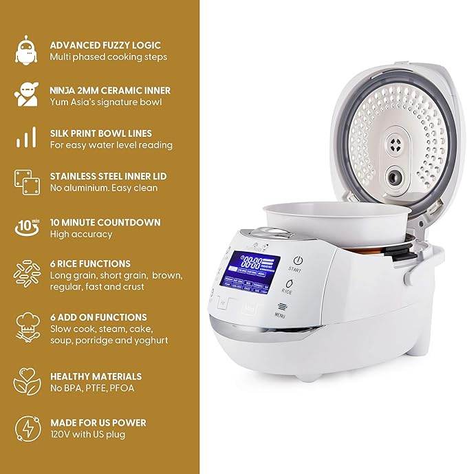 Yum Asia Sakura Rice Cooker with Ceramic Bowl and Advanced Fuzzy Logic (8 Cup 1.5 Litre) 6 Rice Cook Functions 6 Multicook Functions Motouch LED Display 120V Power (White and Siver)