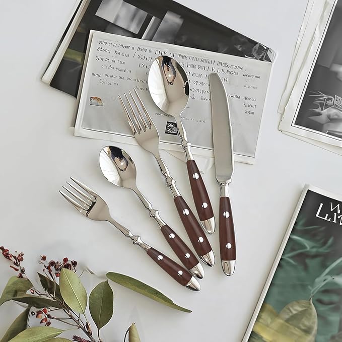 Silverware Set For 8 with Two Rivets Vintage 40-Piece Everyday Flatware Set with Wood Grain Bakelite Handle Stainless Steel Cutlery Set Dishwasher Safe Knives Spoons and Forks Set