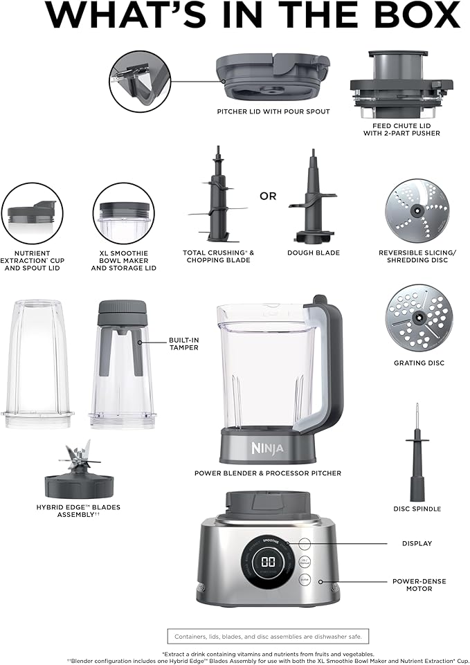 Ninja Blender &amp Food Processor Combo Foodi Power Blender System for Smoothies Bowls Spreads &amp Shakes 6 Functions 72-oz Pitcher To-Go Cups Silver SS401