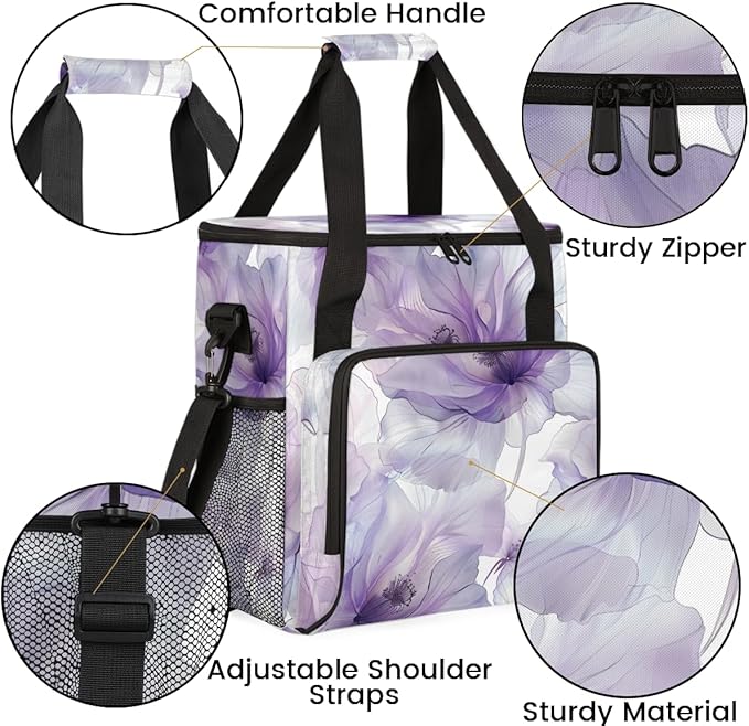 Purple Floral Travel Coffee Maker Carrying Bag Colorful Flower Large Organizer Storage Tote Bag Insulated Reusable Cooler Lunch Bags