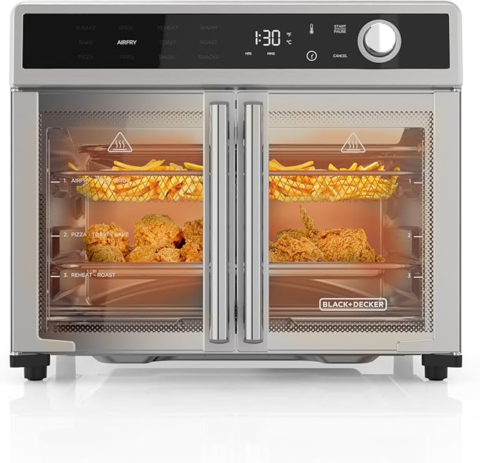 BLACK+DECKER Crisp 'N Bake Air Fryer Toaster Oven Combo 12 in 1 Countertop Convection Oven Cooks Food Fast Fits a Whole Pizza or 6 Toast Slices French Doors with Stainless Steel Finish