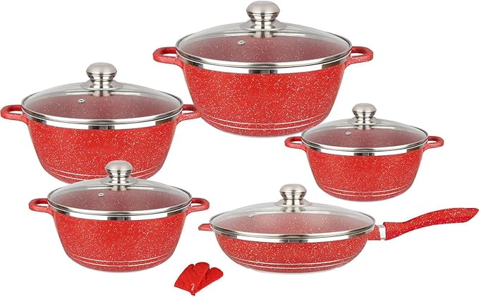 Pots and Pans Sets Nonstick Cookware Sets Granite Cooking Pots and Pans with Glass LidsMarble Coated Aluminium Home Kitchenware with SaucepansFrying PanStock Pot10 Piece(Red Variety Pack)