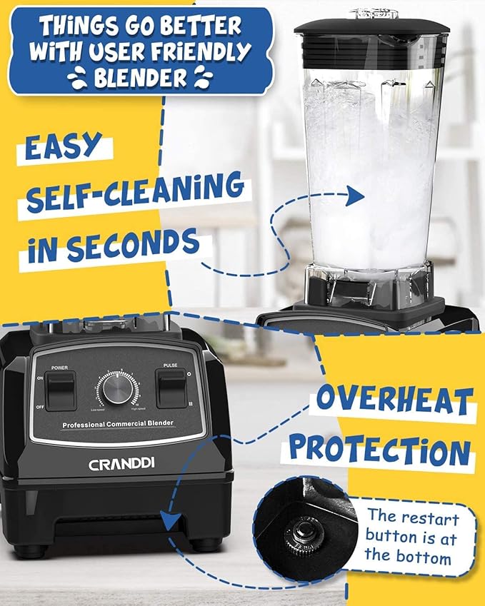 CRANDDI Professional Blender1500 Watt Commercial Blenders for Kitchen with 70oz Capacity and Self-Cleaning Classic Blenders for Shakes and Smoothies Build-in Pulse YL-010-B
