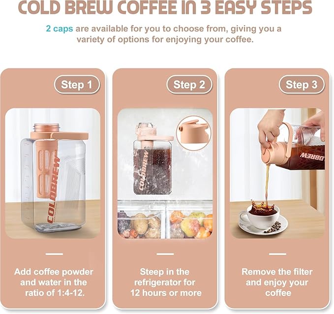 Cold Brew Coffee Maker 68oz Iced Coffee Tritan Pitcher with Filter 2 Pour Spout Lids For Airtight &amp Leak-Proof Coffee Barrel(Black)