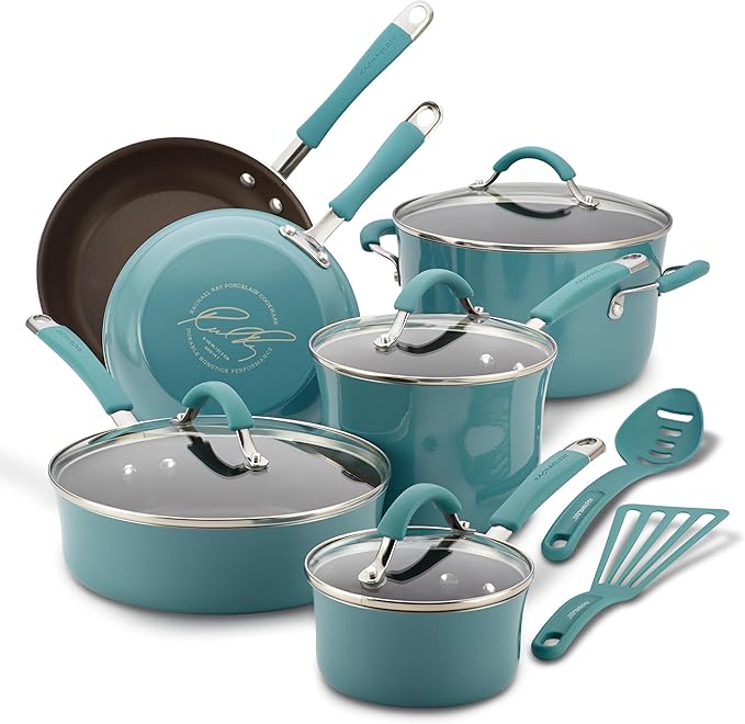 Rachael Ray Cucina Nonstick Cookware Pots and Pans Set 12 Piece Agave Blue