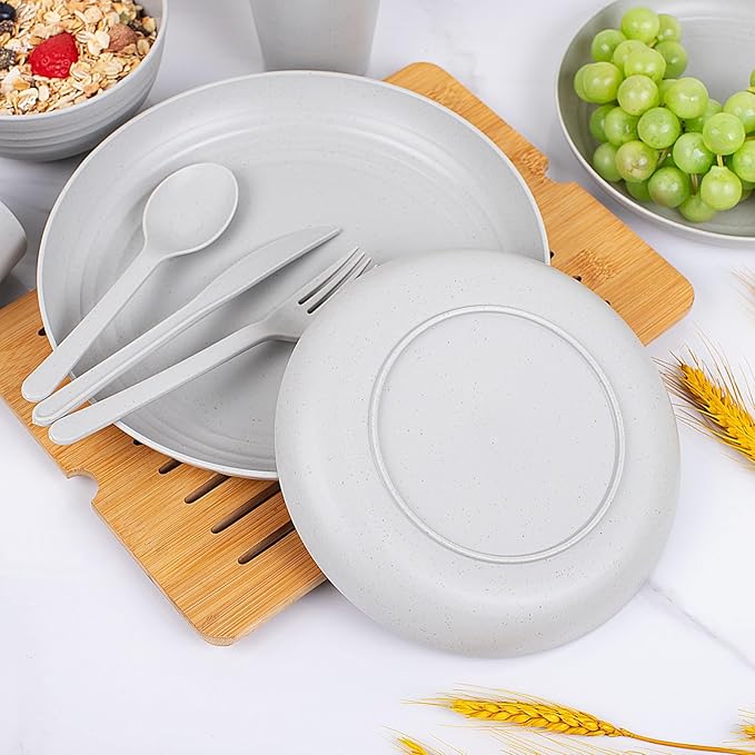 EI 42pcs Wheat Straw Dinnerware SetUnbreakable Reusable Plastic PlatesBig Bowls and Pltes for KitchenGrey Plates and Bowls Setsfor Family DinnerCampingPicninc