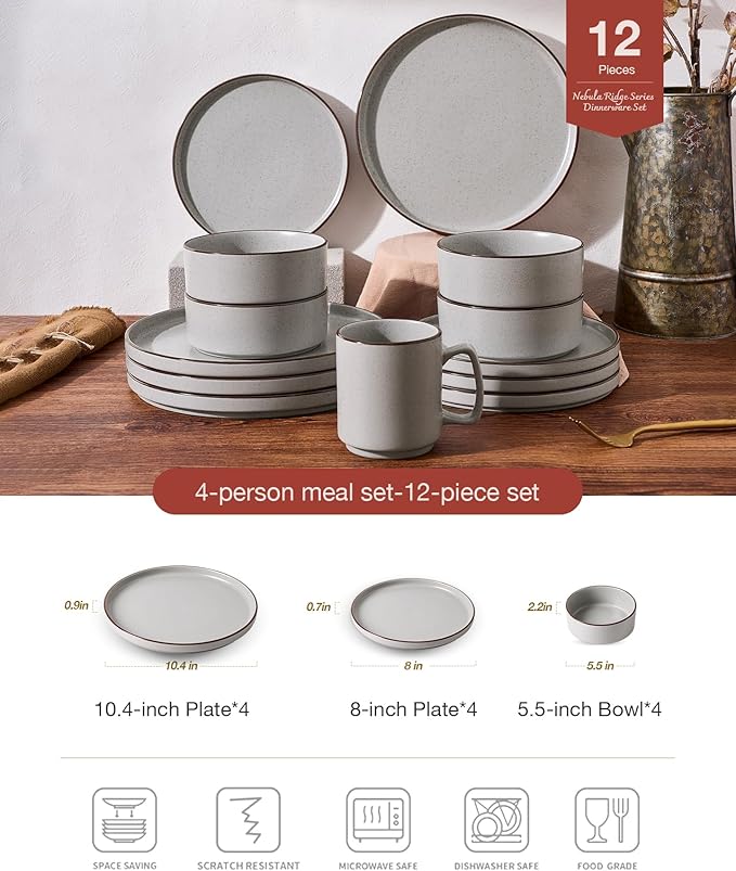 Famiware Nebula Ridge Stoneware Dinnerware Sets Plates and Bowls Sets for 4 12 Pieces Dishes Set Microwave and Dishwasher Safe Kitchen Plates Light Gray