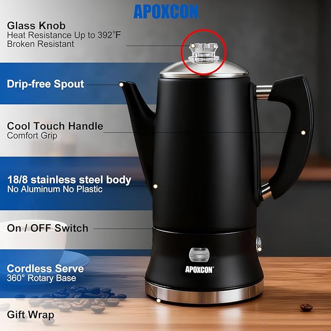 Electric Coffee Percolator Stainless Steel Coffee Maker with Clear Brew Progress Tough Glass Knob Keep Warm On/OFF Switch Cordless Serve Classic Coffee Pot No Aluminum Black 12 Cup