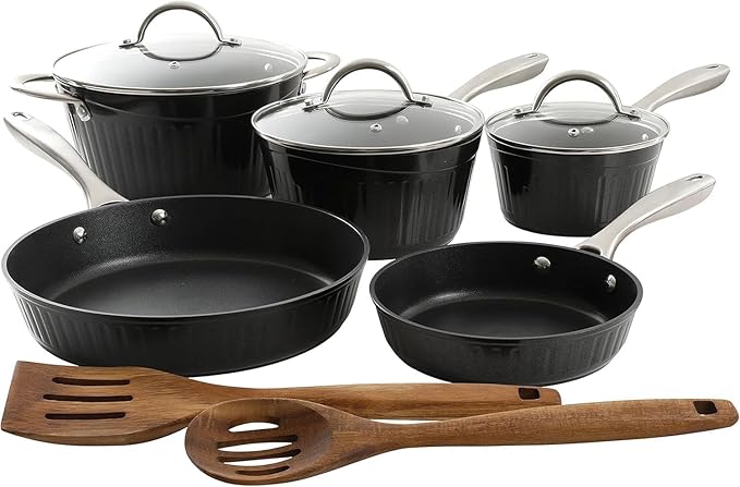 10 Piece Aluminum Nonstick Cookware Set with Lids and Wood Utensils Scratch Resistant Pots and Pans for Cooking