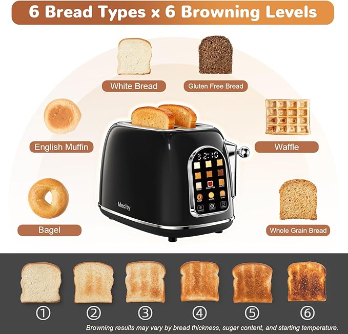Mecity Toaster 2 Slice Touch Screen Wide Slot Retro Toaster For Breads Bagel Muffin Waffle House Warming Gift New Home 120V 825W Jet Black