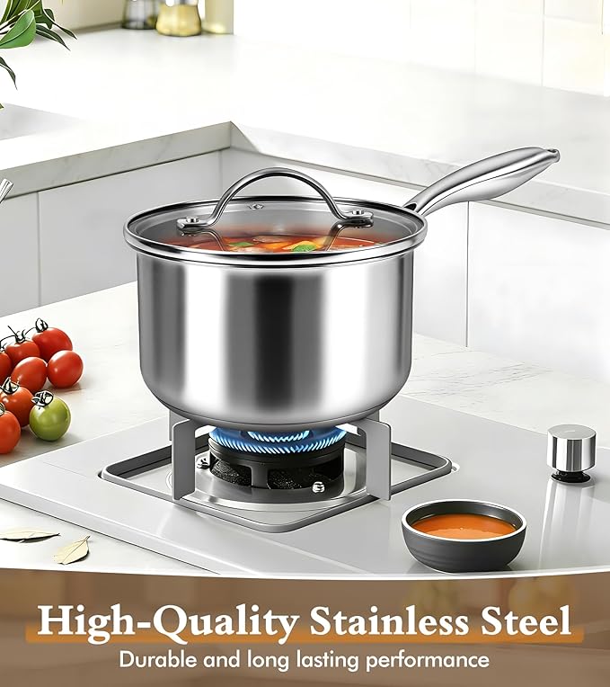 Stainless Steel Saucepan Set with Lids 1.5QT &amp 2.2QT Tri-Ply Stainless Steel Sauce Pot Set Induction Saucepans 4 Pcs Nonstick Saucepans Cookware Set Dishwasher Safe