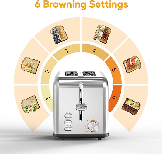 HealSmart 2-Slice Stainless Steel Toaster 6 Browning Setting and 3 Function Toaster Extra Wide Slot &amp Removable Crumb Tray for Bread &amp Waffle Silver