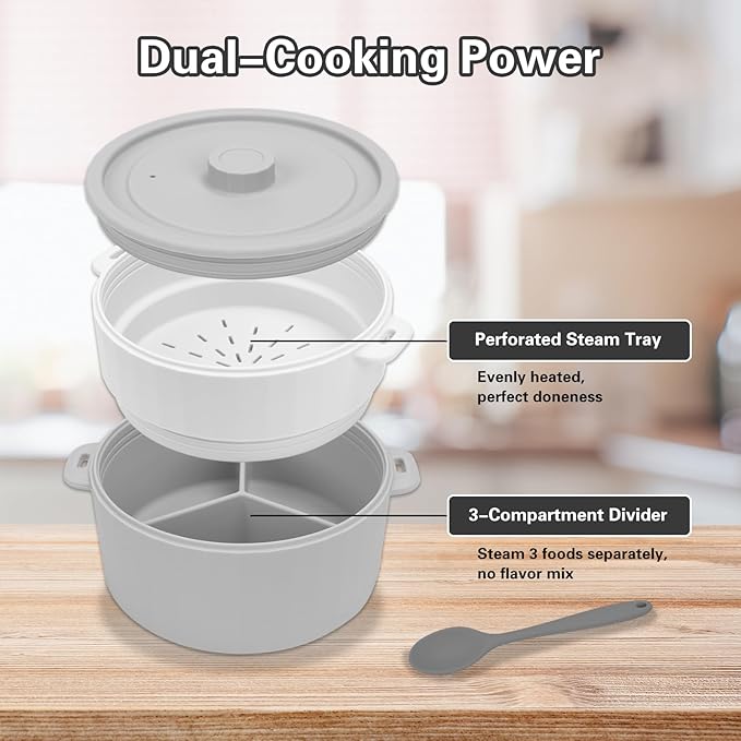 BestYiJo Microwave Rice Cooker 2-Layer Microwave Pasta Cooker and Steamer for Rice Vegetables Quinoa Oatmeal Ramen –Silicone Non-Stick(GREY)