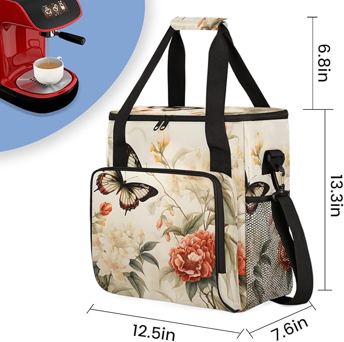 Retro Butterfly Coffee Maker Carrying Bag Artistic Butterfly Travel Storage Bag Compatible with K-Mini or K-Mini Plus Single Serve Coffee Brewer Carrying Case with Multiple Pockets &amp Shoulder St