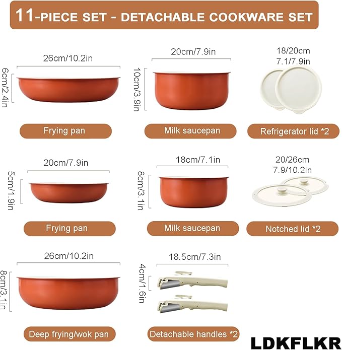 Multi-Piece Detachable Cookware Set Non-Stick Pots and Pans Set with Removable Handles Cooking Set Oven Safe Stackable Universal for All Stoves11PcOrange