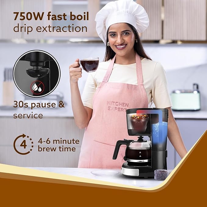 Royal 4 Big Cups Drip Coffee Maker 600 Ml Borosilicate Glass Carafe Jar 750W Water tank with Level Indicator Brewer Machine with Cone Filter Auto Shut Off Stainless Steel Body Black