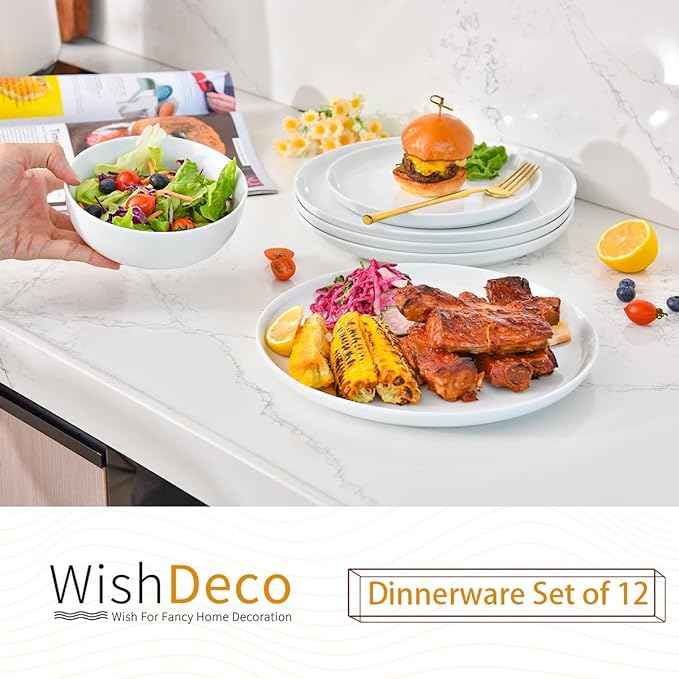 Plates and Bowls Sets 12 Pieces Dinnerware Sets Ceramic Dishes Set for 4 White Kitchen Dishware Set Microwave and Dishwasher Safe