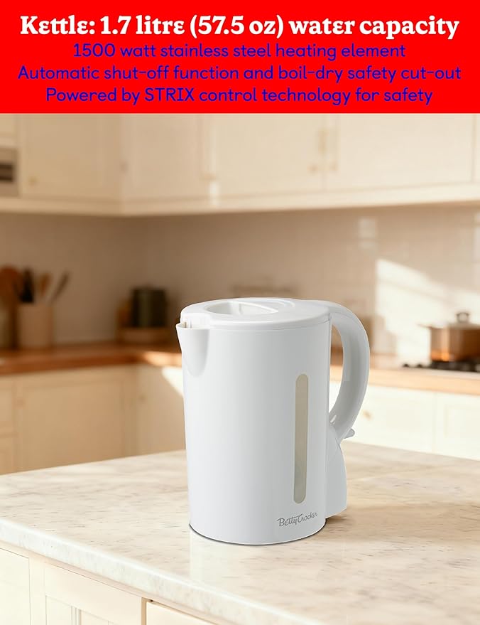Betty Crocker 3-Piece Kitchen Appliances Set: 5-Cup Automatic Drip Coffee Maker 1.7L Electric Kettle &amp 2-Slice Toaster STRIX Technology Kettle Cool Wall Housing BC-4995W White