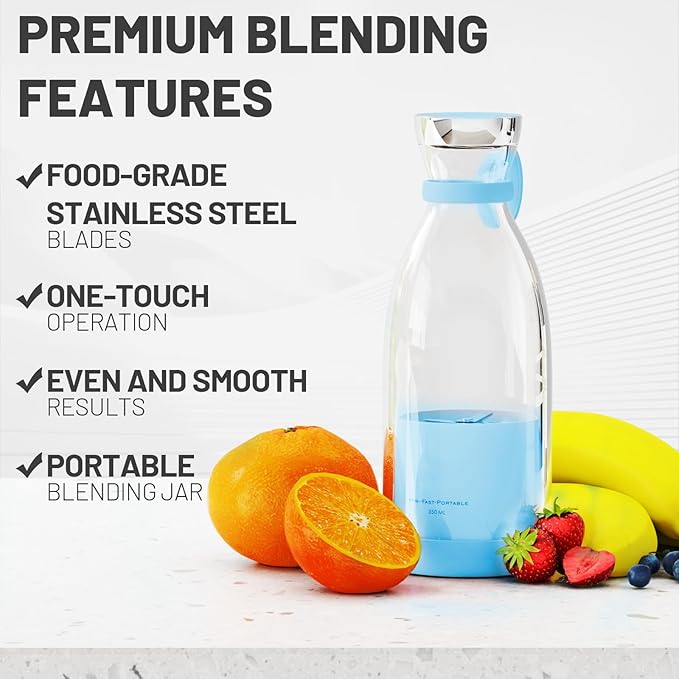 OTPEIR Portable Blender for Shakes and Smoothies with 11.83 Oz Travel Cup and LidDurable Stainless Steel Blades for Juice Blending Performance Blue