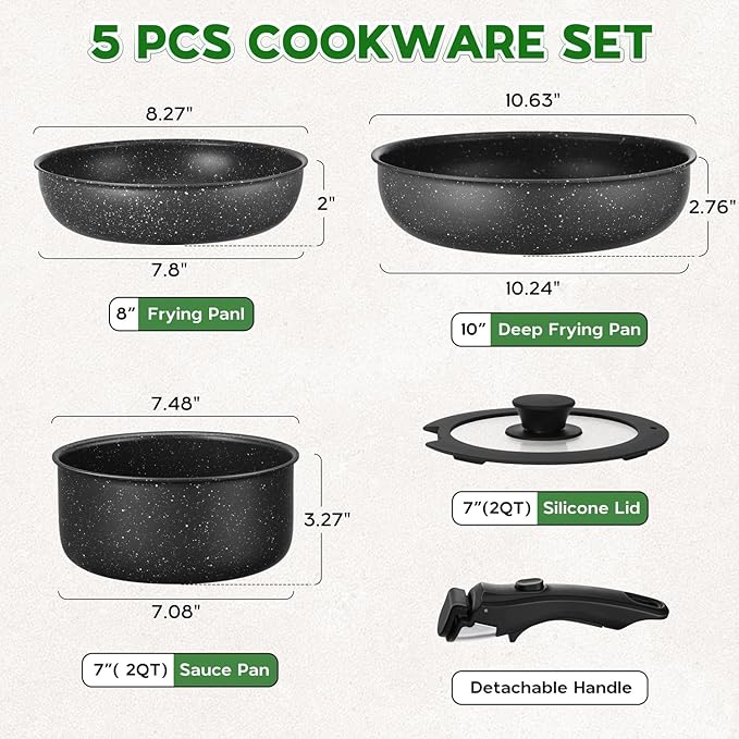 Walchoice 5Pcs Pots and Pans Set Granite Nonstick Cookware Set with Detachable Handle Stackable Kitchen Cooking Set with Saucepan Frying Pans Induction Compatible &amp Oven Safe - Black