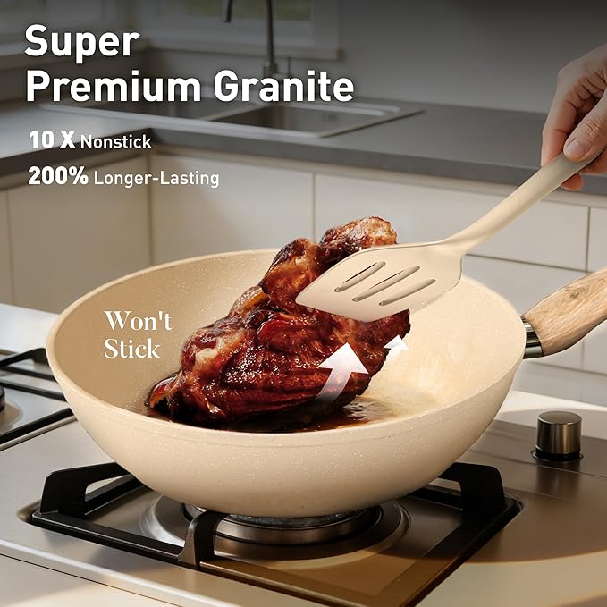 DisDelight Pots and Pans Set Non Stick Nonstick Induction Granite Kitchen Cookware Sets Induction Nonstick Granite Cooking Set Induction Cookware Cooking Pan Set Pan Sets for Cooking Cream White
