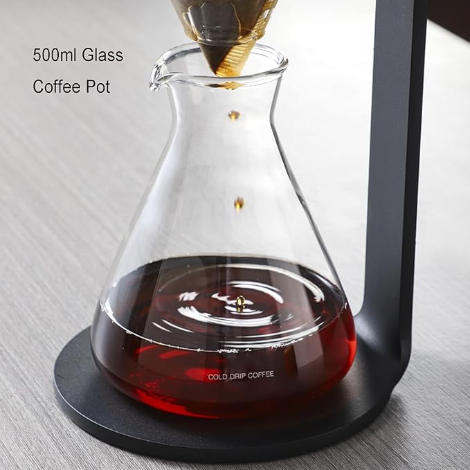 Ice Drip Coffee Maker Cold Brew Coffee Pitcher 500ml Cold Brew Drip Tower with Stainless Steel Adjustable Valve Borosilicate Glass Pot for Home Office Makes 2-3 Cups