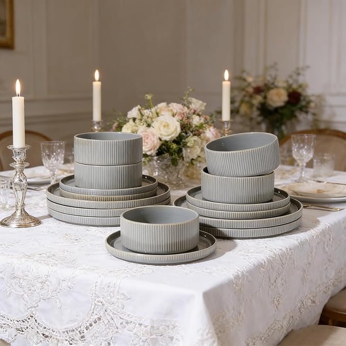 MONITO Ceramic Dinnerware Sets for 6 18PCS Stoneware Plates and Bowls Sets Reactive Glaze Dish Set Chip and Scratch Resistant Double Microwave and Dishwasher Safe Sage Mist